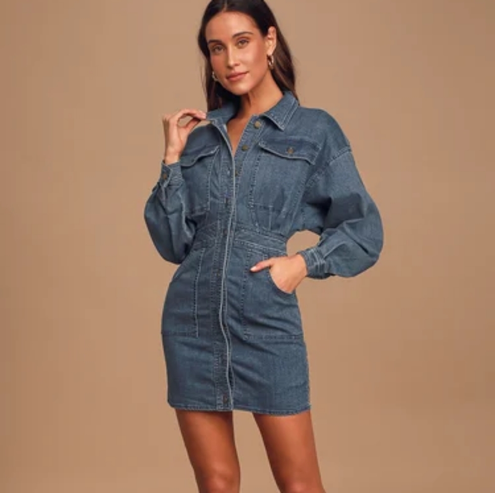 Free People Bo Dark Wash Button Front Mini Dress